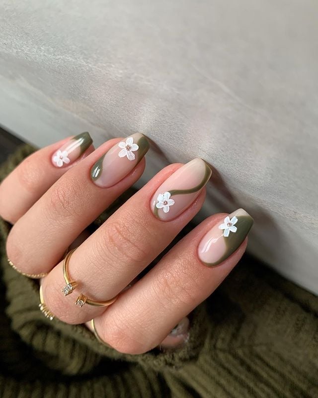 3D White Flower Olive Green Line Long Almond Nails — Simple Floral Nails