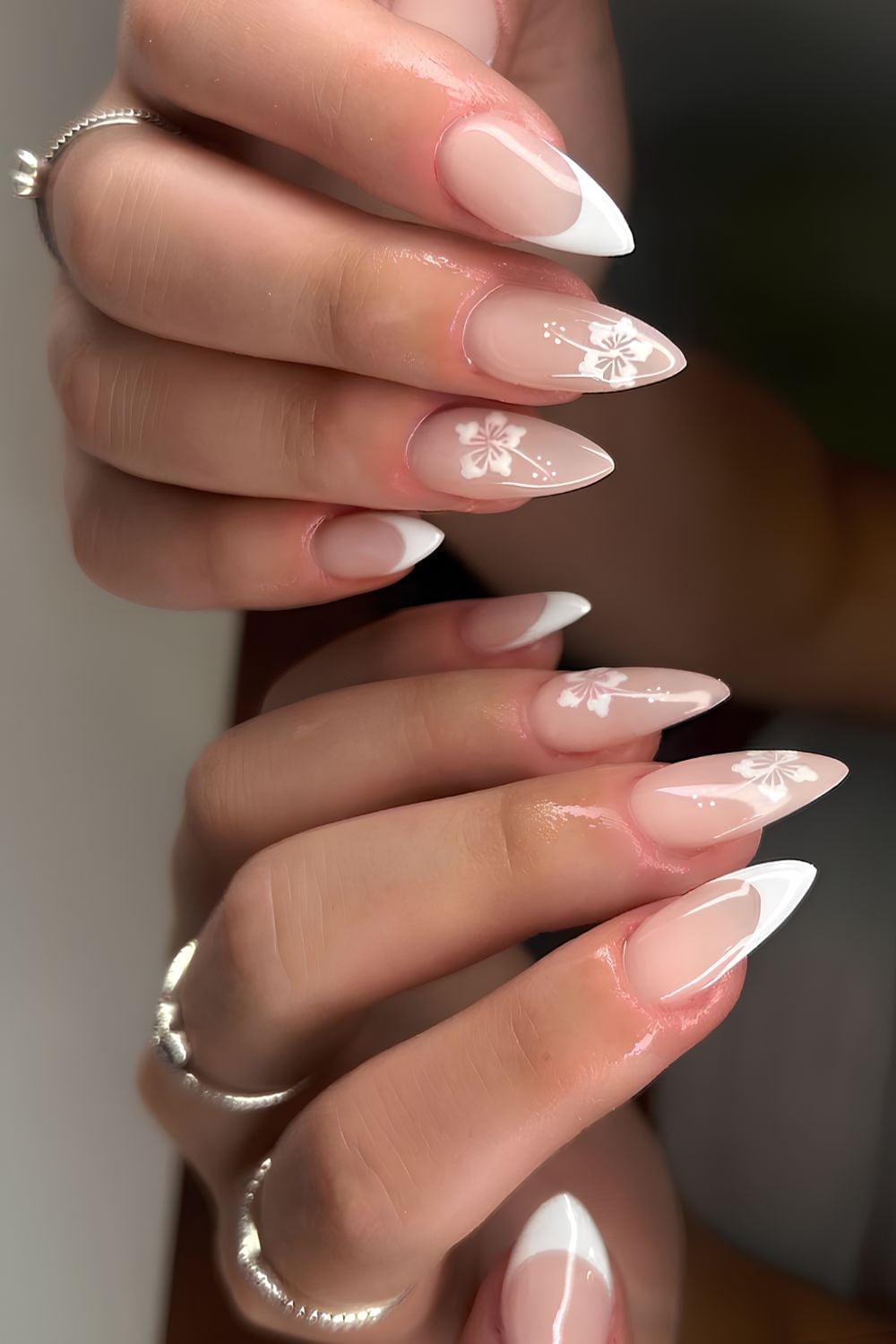 Long Stiletto Nails With White Floral French Tips Long Stiletto Nails With White Floral French Tips — Simple Flower Nails
