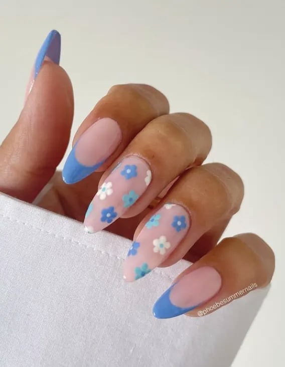 Long Almond Nails With Blue Floral French Long Almond Nails With Blue Floral French — Simple Flower Nails