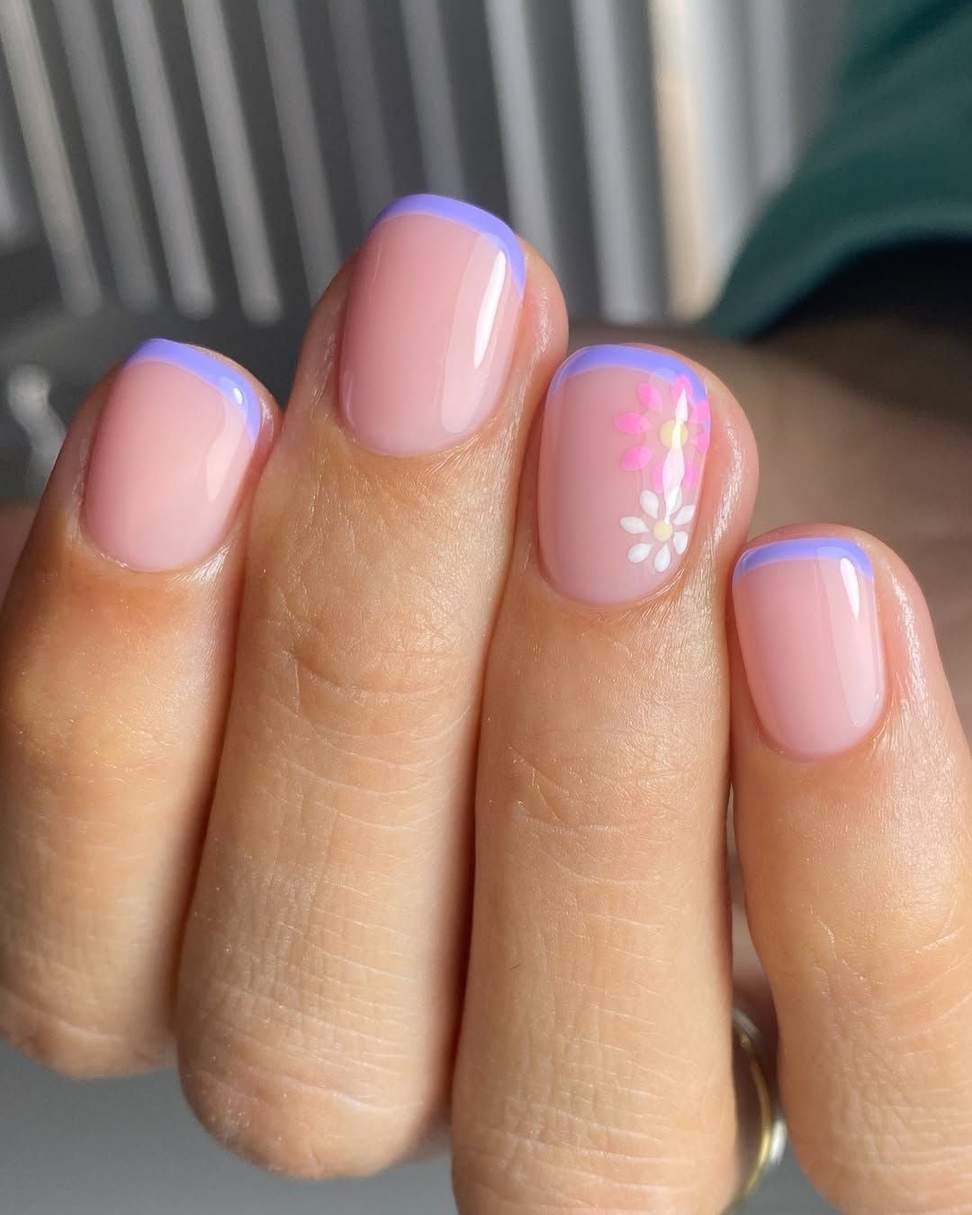 Short Square Nails Blue French Pink Flower Short Square Nails Blue French Pink Flower — Simple Flower Nails