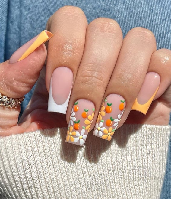 Long Square Nails Orange French Floral Long Square Nails Orange French Floral — Simple Flower Nails