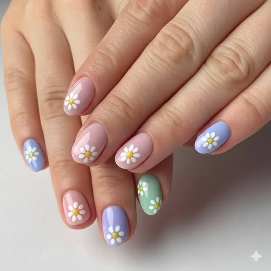 Medium Oval Nails With Colorful Floral Dots Medium Oval Nails With Colorful Floral Dots — Simple Flower Nails