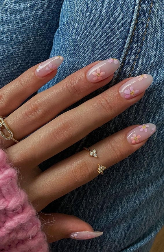 Medium Oval Nails With Sheer Pink Flowers Medium Oval Nails With Sheer Pink Flowers — Simple Flower Nails