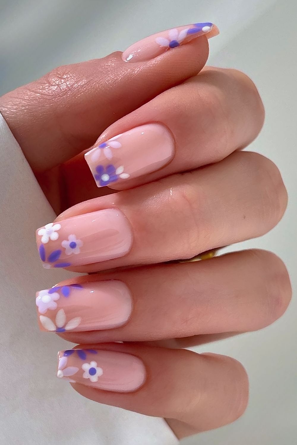 Square Nails With Lavender Floral French Tips Square Nails With Lavender Floral French Tips — Simple Flower Nails