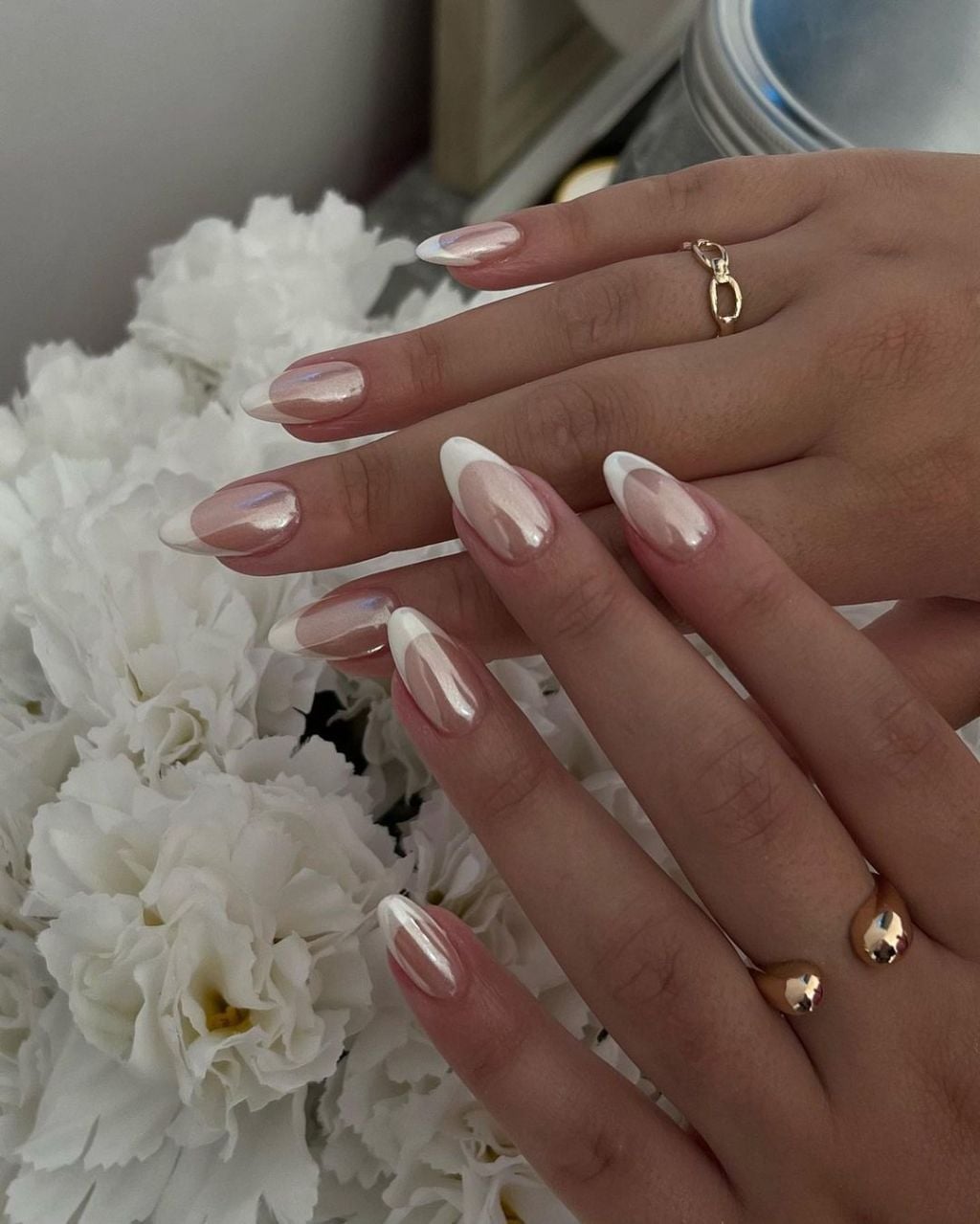 Short Almond Chrome French Tip Nails Short Almond Chrome French Tip Nails — Simple Formal Nails