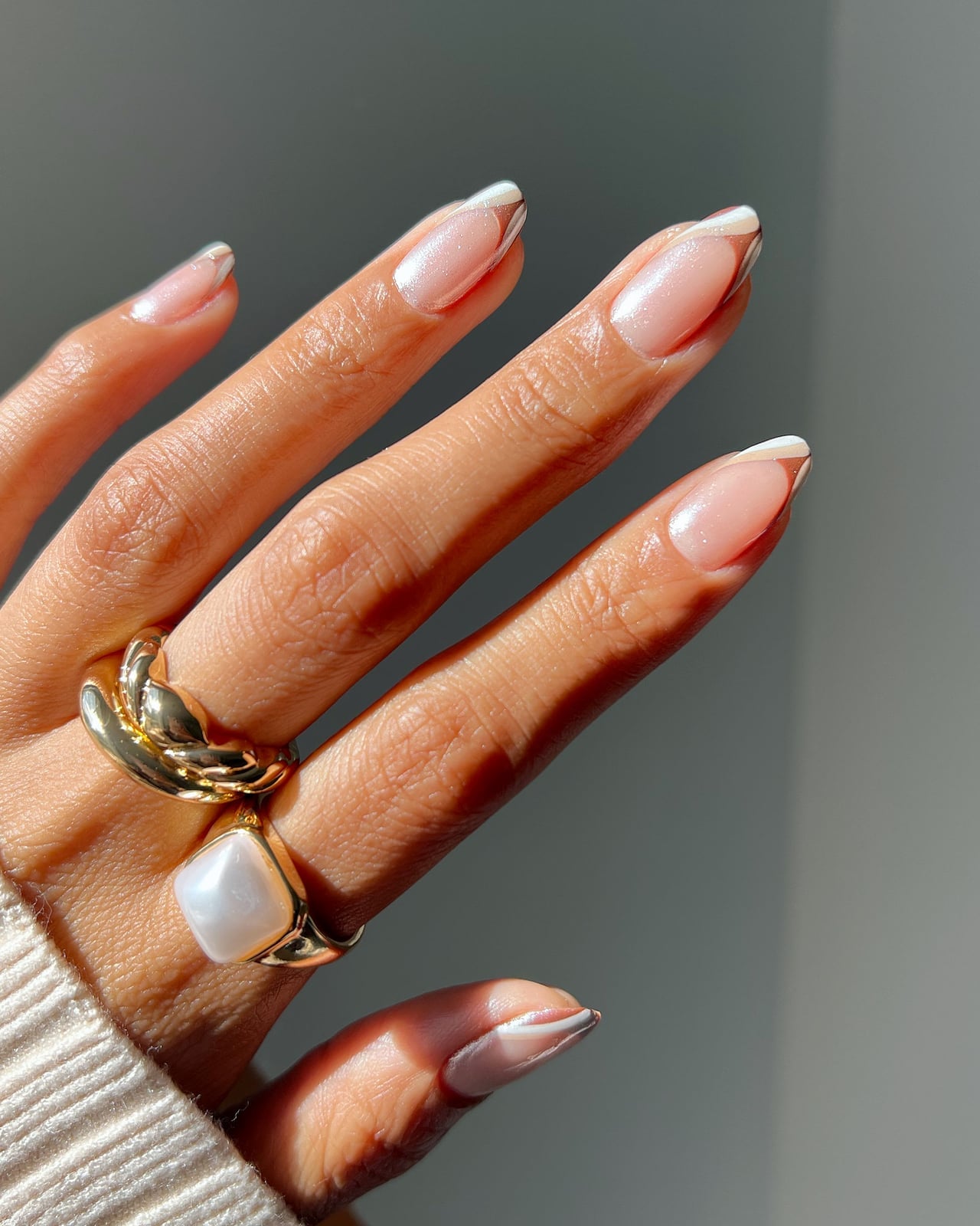 Medium Almond Silver Line French Tips Medium Almond Silver Line French Tips — Simple Formal Nails