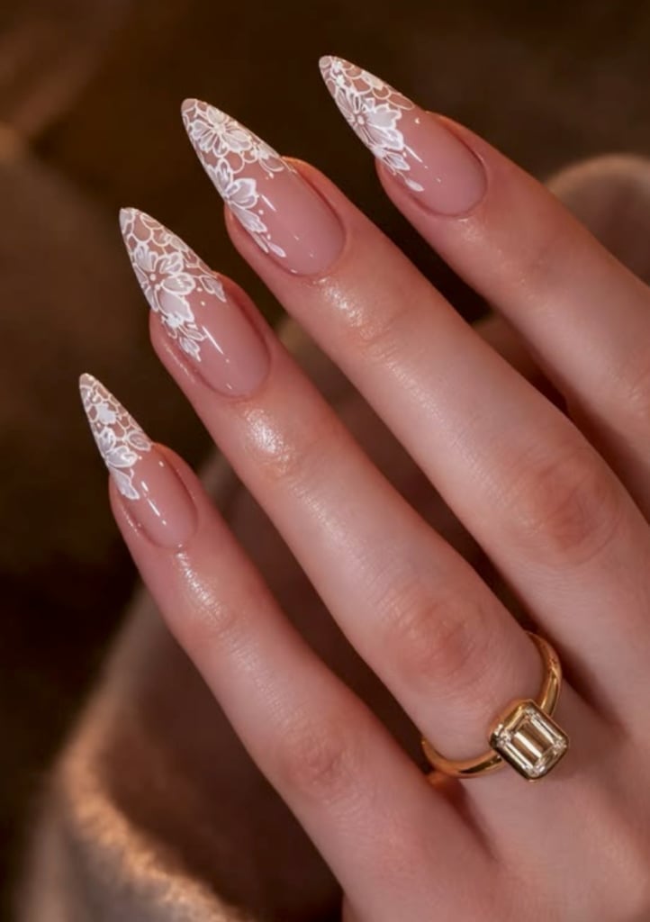 Long Stiletto Sheer Pink Lace Art Long Stiletto Sheer Pink Lace Art — Simple Formal Nails