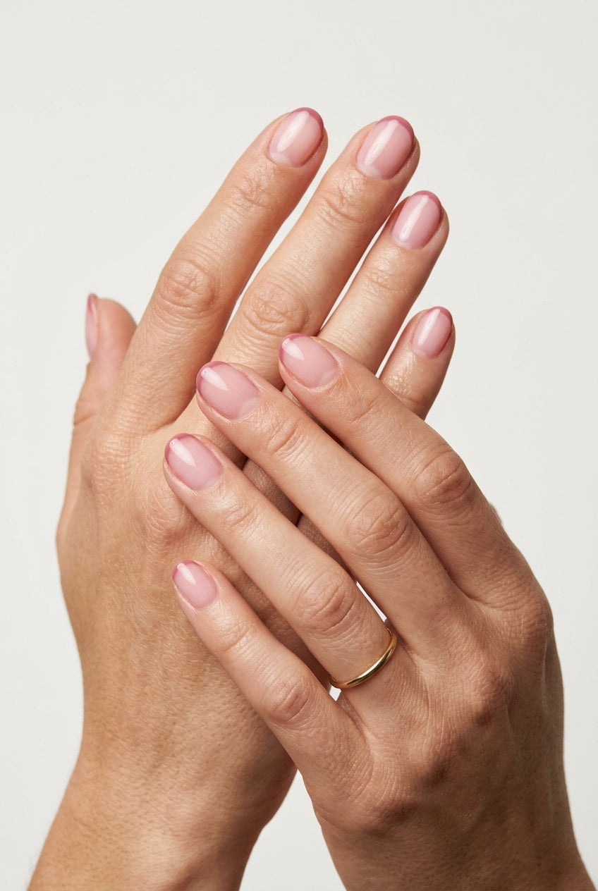 Short Oval Pink French Tip Nails, Glossy Short Oval Pink French Tip Nails, Glossy — Simple Formal Nails