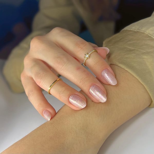 Medium Almond Pale Pink Glitter Nails Medium Almond Pale Pink Glitter Nails — Simple Formal Nails