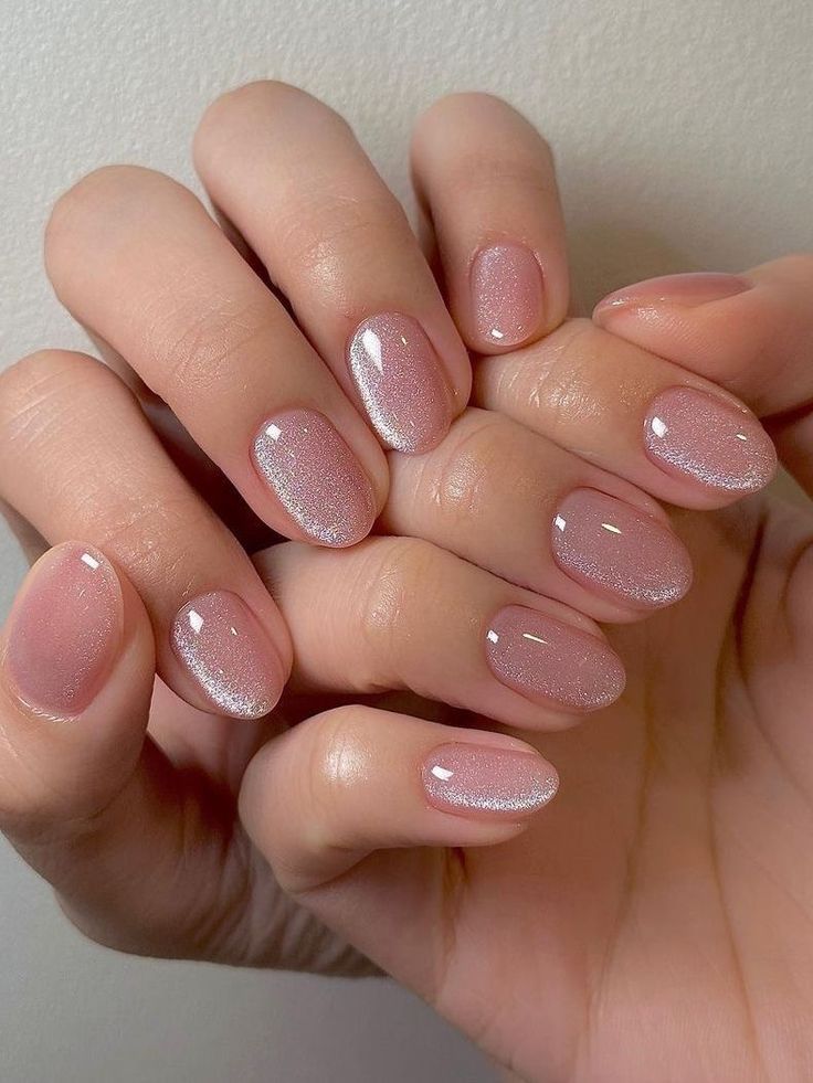 Short Oval Sheer Pink Shimmer Nails Short Oval Sheer Pink Shimmer Nails — Simple Formal Nails