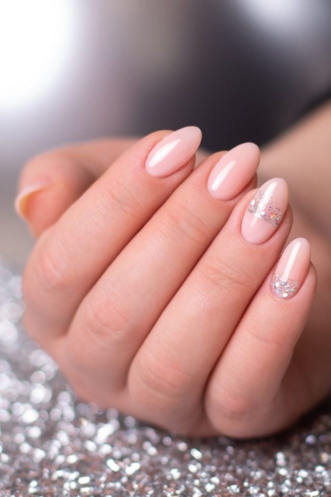 Short Almond Sheer Pink Foil Accent Nails Short Almond Sheer Pink Foil Accent Nails — Simple Formal Nails