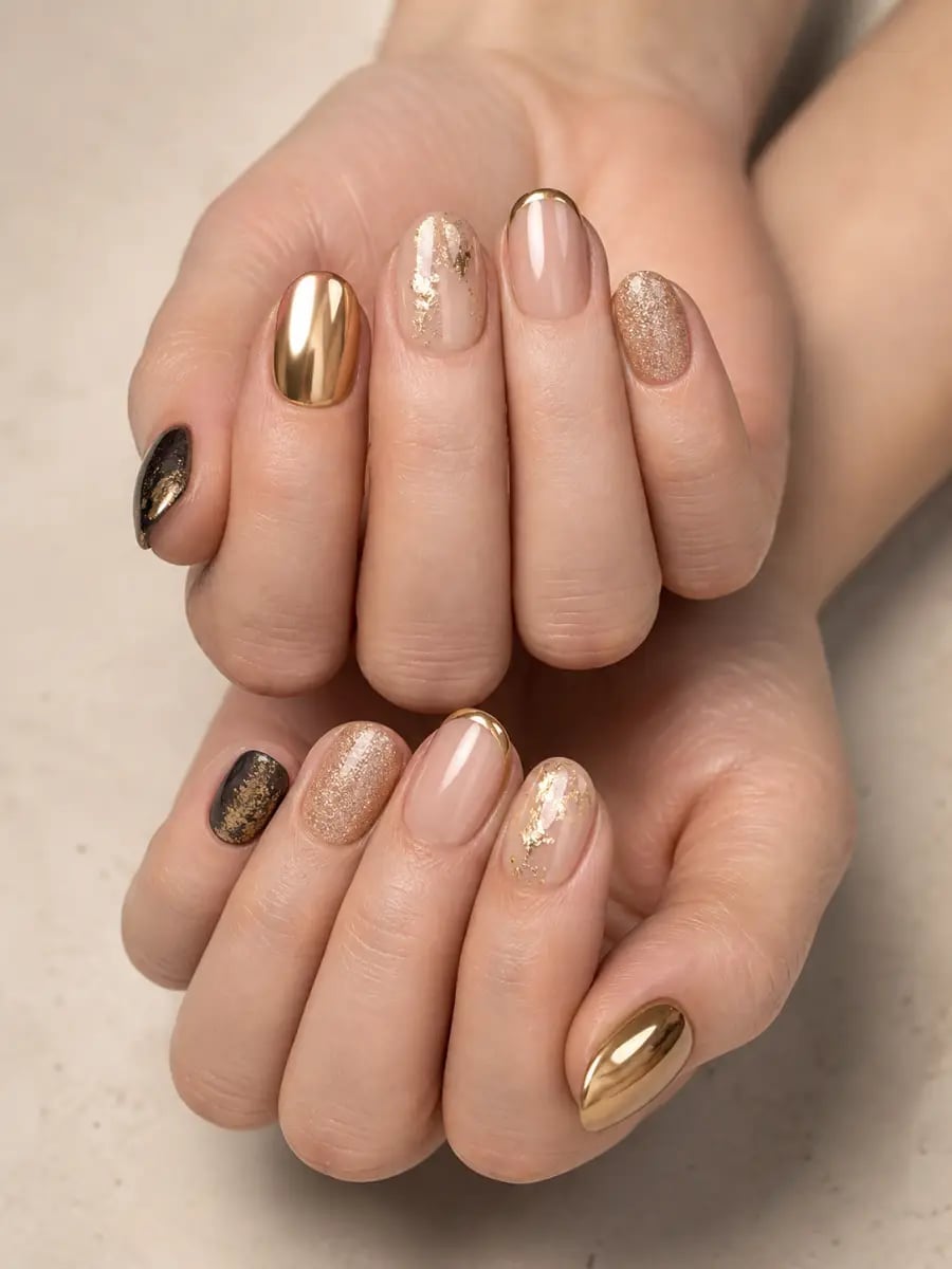 Short Oval Almond Gold Chrome French Foil Glitter Short Oval Almond Gold Chrome French Foil Glitter — Simple Gold Chrome Nails