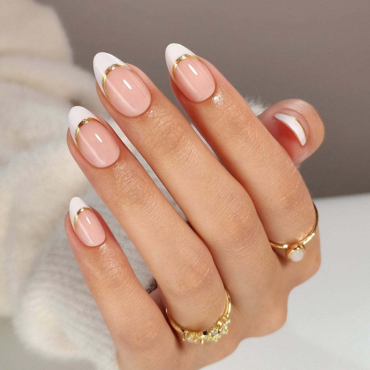 Medium Almond Nude Glossy Gold French Line Medium Almond Nude Glossy Gold French Line — Simple Gold Chrome Nails