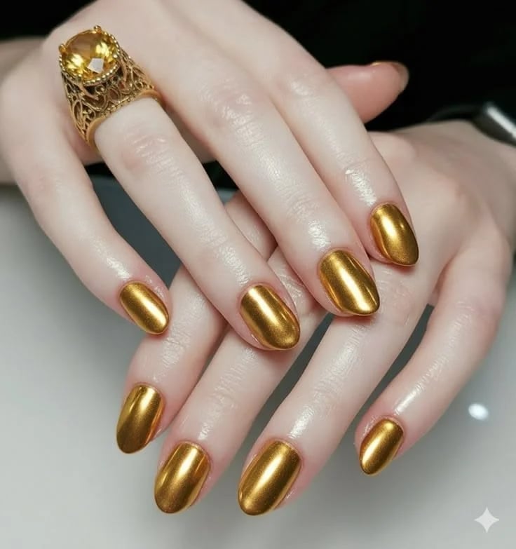Short Oval Full Coverage Gold Chrome Short Oval Full Coverage Gold Chrome — Simple Gold Chrome Nails