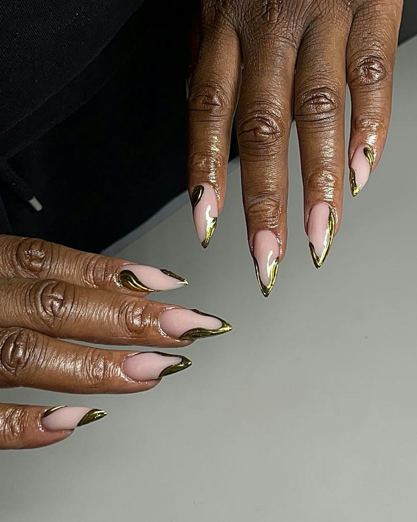 Long Stiletto Pale Pink Gold Chrome French Long Stiletto Pale Pink Gold Chrome French — Simple Gold Chrome Nails