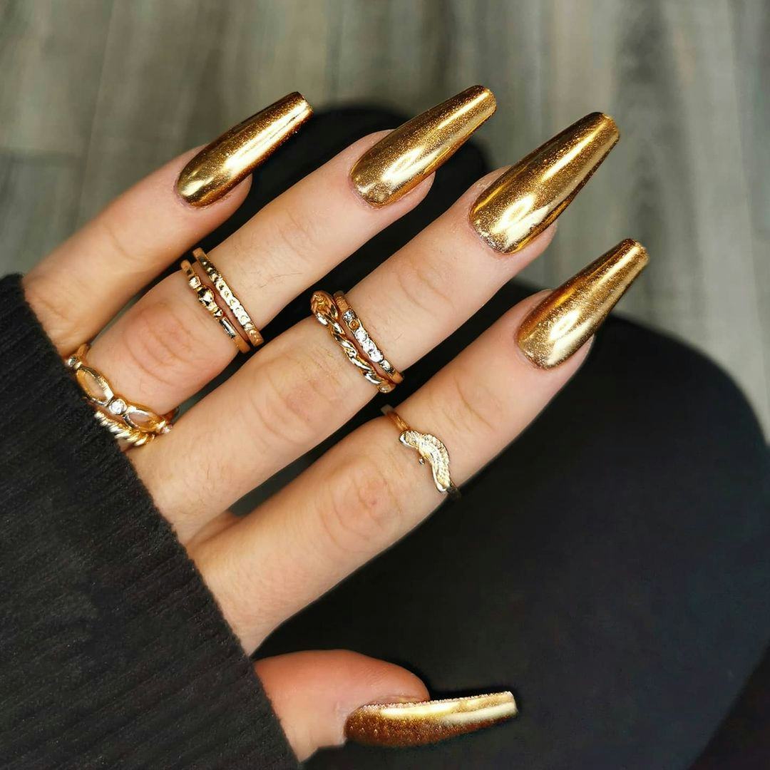 Long Coffin Full Coverage Gold Chrome Long Coffin Full Coverage Gold Chrome — Simple Gold Chrome Nails