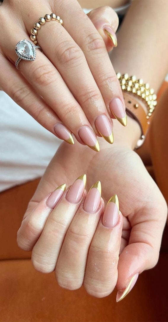 Medium Almond Nude Gold French Tips All Nails Medium Almond Nude Gold French Tips All Nails — Simple Gold Chrome Nails