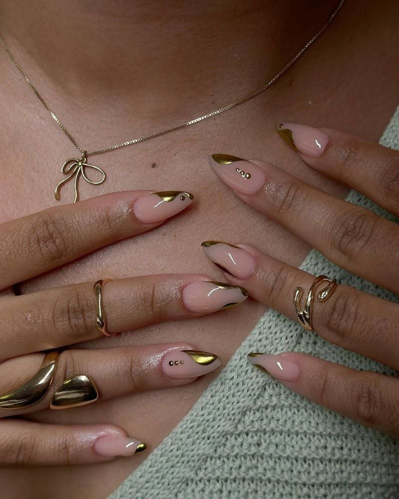 Medium Almond Gold Stud French Tips, Sheer Pink Medium Almond Gold Stud French Tips, Sheer Pink — Simple Gold Chrome Nails