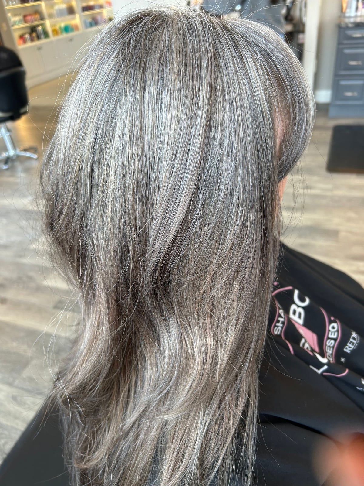 Shoulder Length Shag With Gray Blend and Curtain Bangs Shoulder Length Shag With Gray Blend and Curtain Bangs — Simple Gray Blending