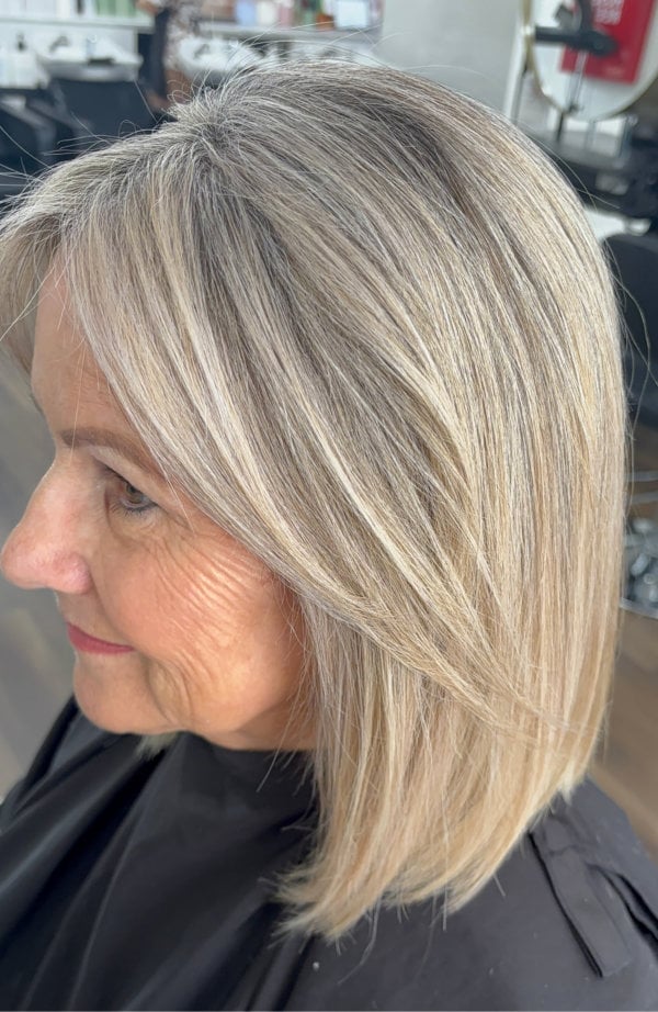 Chin Length Bob With Curtain Bangs Chin Length Bob With Curtain Bangs — Simple Gray Blending