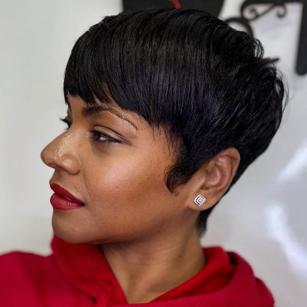 Sharp Pixie With Side Swept Bangs Sharp Pixie With Side Swept Bangs — Simple Haircuts for Black Women