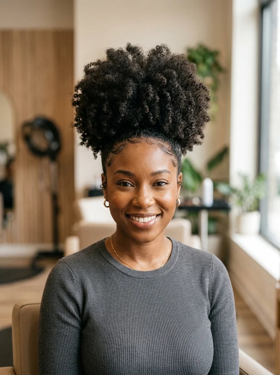 Voluminous Black Afro High Ponytail Voluminous Black Afro High Ponytail — Simple Haircuts for Black Women