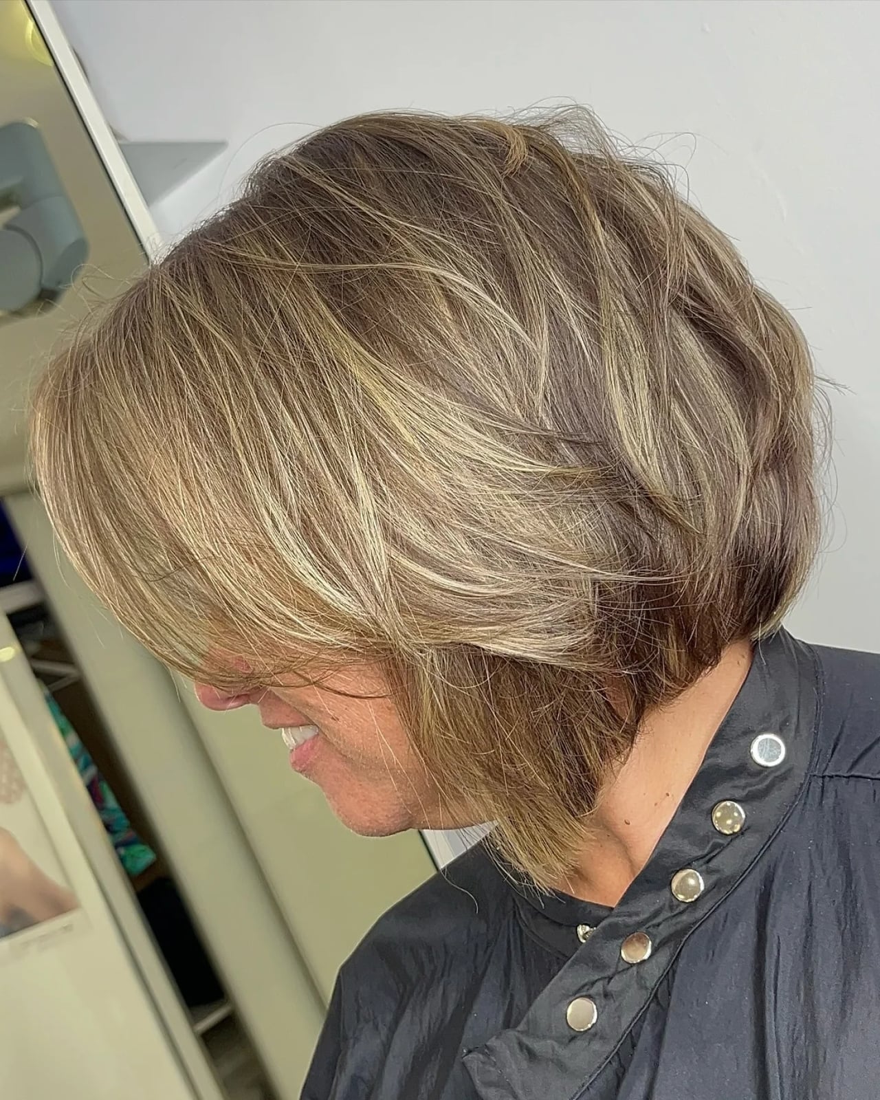 Chin Length Layered Bob With Side Swept Bangs and Textured Blowout Chin Length Layered Bob With Side Swept Bangs and Textured Blowout — Simple Haircuts for Thinning Hair