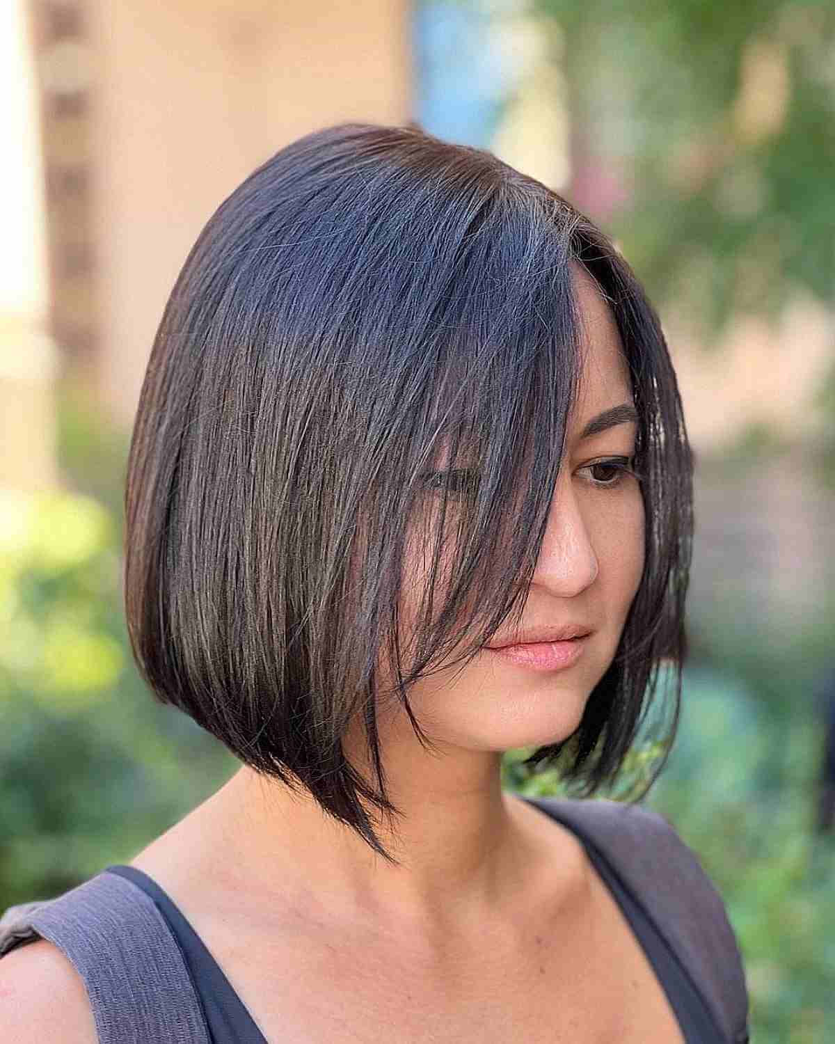 Chin Length Bob With Long Side Swept Bangs, Dark Brown Chin Length Bob With Long Side Swept Bangs, Dark Brown — Simple Haircuts for Thinning Hair