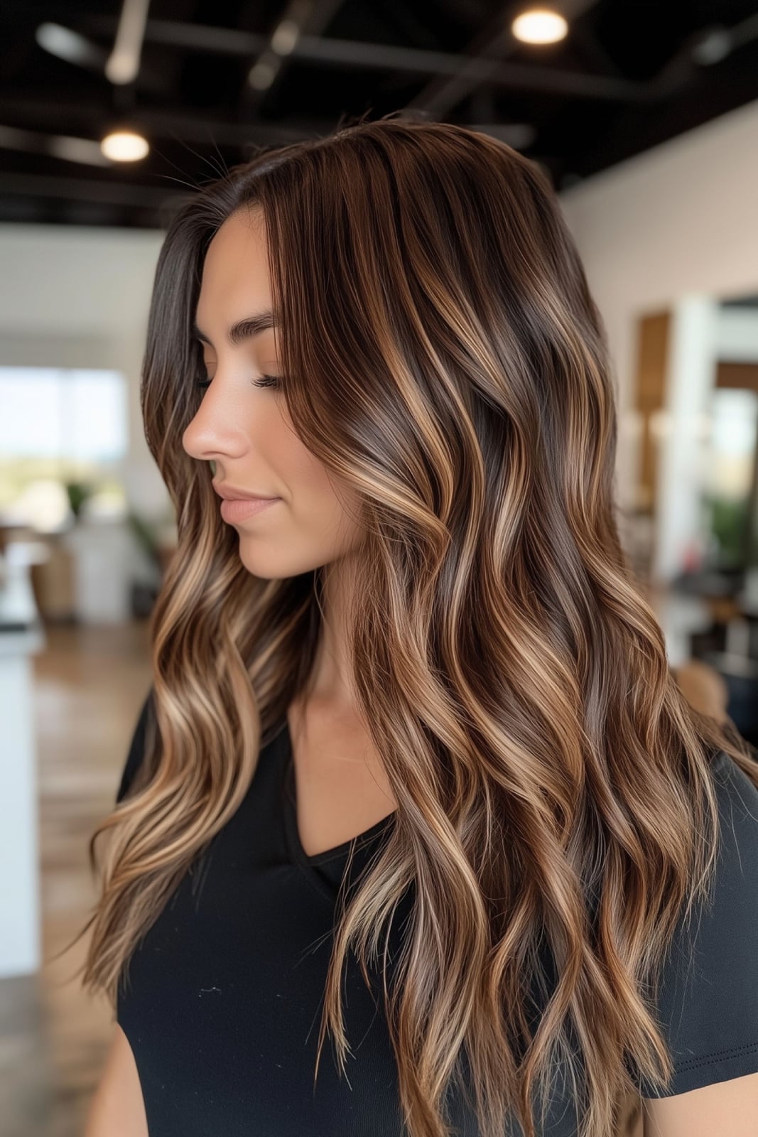 Dark Brown Mid-Back With Face-Framing Layers Dark Brown Mid-Back With Face-Framing Layers — Simple Highlights