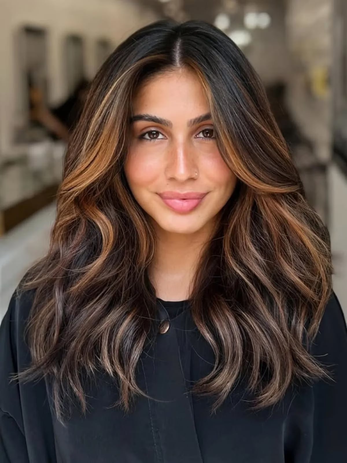 Dark Brown Mid-Back With Face-Framing Caramel and Curtain Bangs Dark Brown Mid-Back With Face-Framing Caramel and Curtain Bangs — Simple Highlights