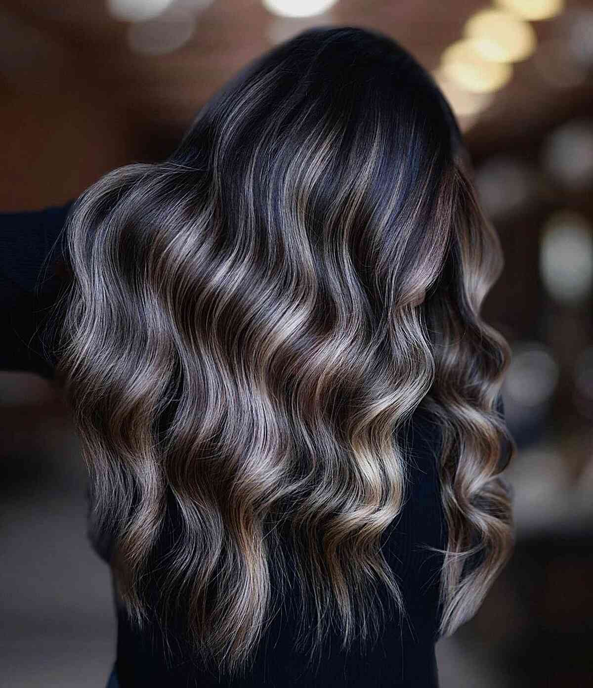 Dark Brown Mid-Back With Ash Blonde and Wavy Blowout Dark Brown Mid-Back With Ash Blonde and Wavy Blowout — Simple Highlights