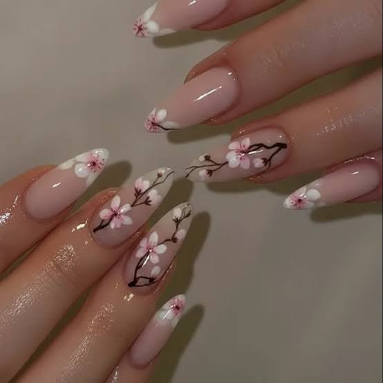Medium Almond Nude With Detailed Cherry Blossom Branches — Simple Japan Nails