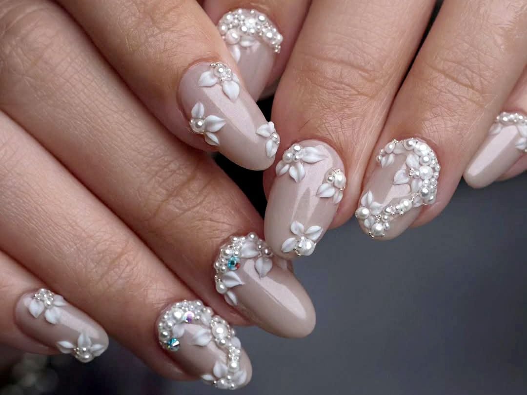 Medium Almond Nude With 3D Floral Pearl Embellishments — Simple Japan Nails
