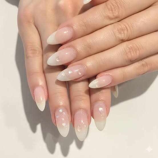 Sheer Pink Medium Almond French With Iridescent Rhinestones — Simple Japan Nails