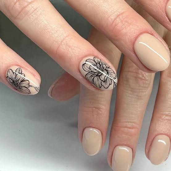 Medium Oval Nude With Black Floral Line Art — Simple Japan Nails