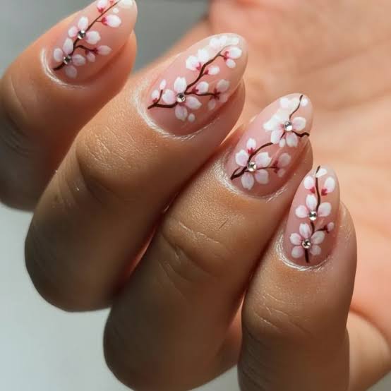 Nude Base Short Almond With Cherry Blossom Art — Simple Japan Nails
