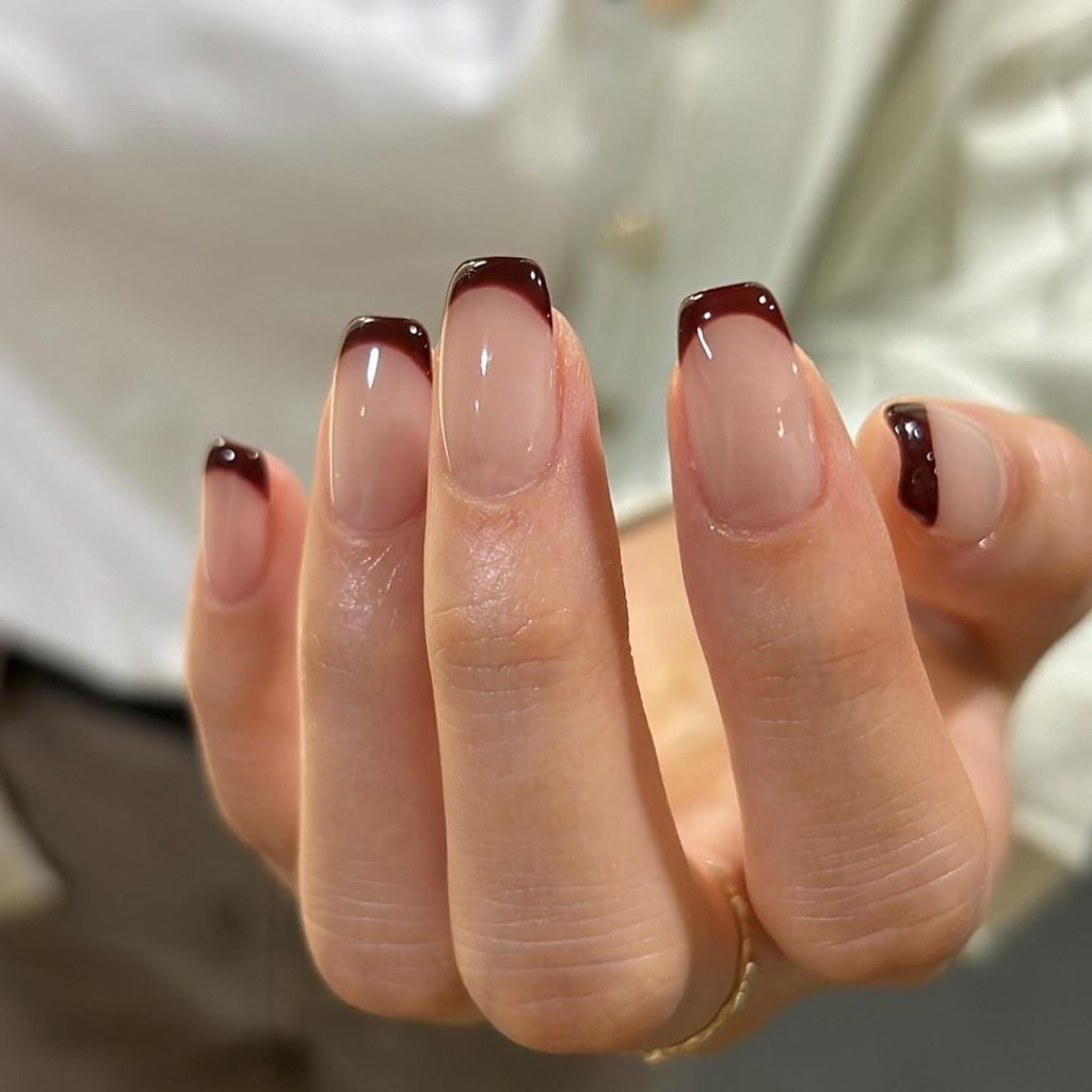 Medium Square Sheer Nude With Dark Brown French Tips — Simple Japan Nails