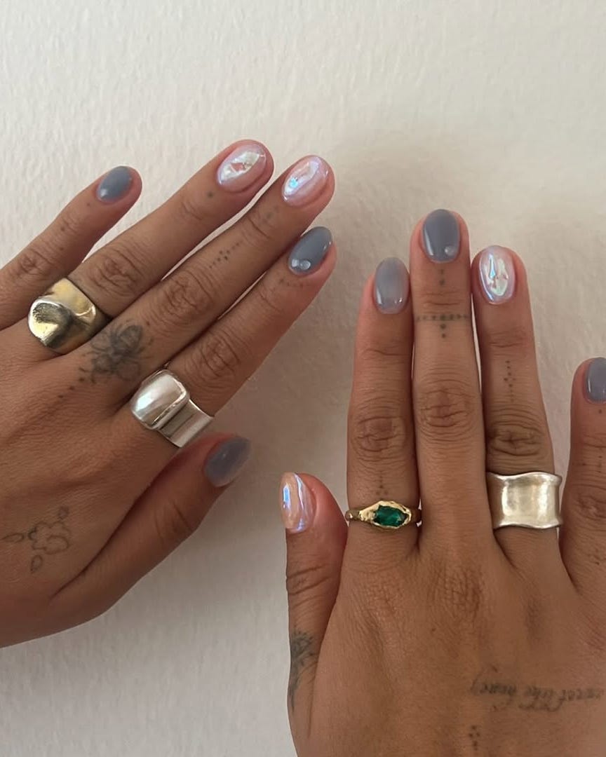Short Oval Matte Grey With Iridescent Opal Accents — Simple Japan Nails