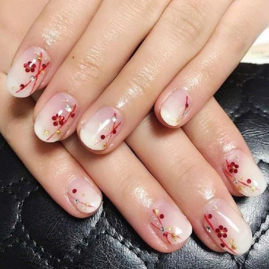 Short Oval Sheer Pink Gradient With Red Floral Gold Dots — Simple Japan Nails