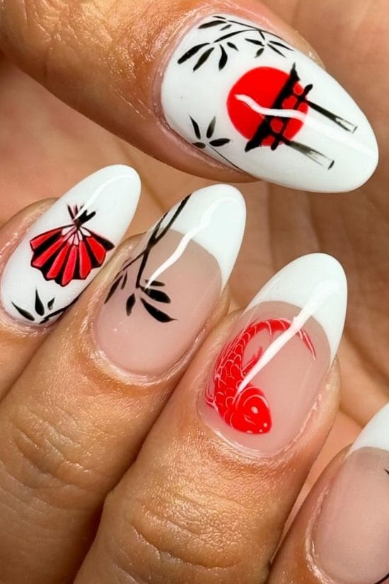 Medium Almond White French With Koi Fish Art — Simple Japan Nails