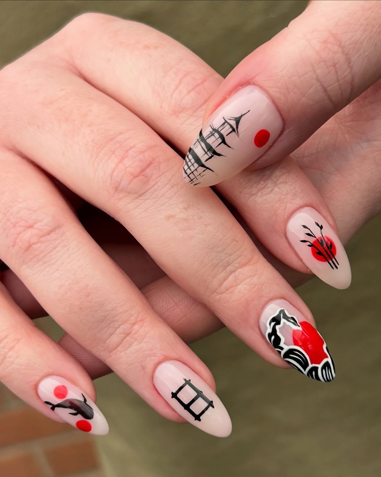 Medium Almond Nude With Iconic Japanese Motifs — Simple Japan Nails