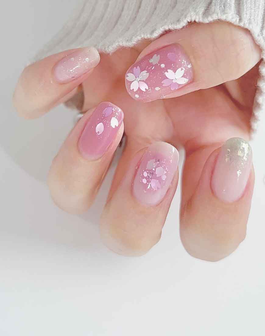 Oval Pink And Nude With Delicate Cherry Blossom Glitter — Simple Japan Nails
