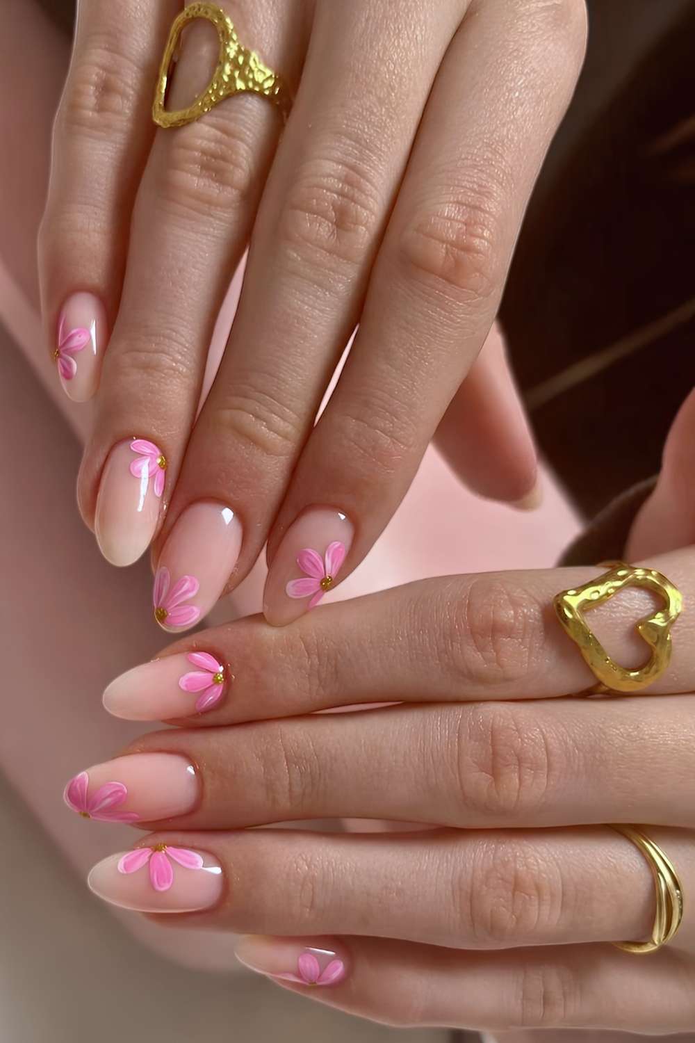 Medium Almond Nude With Pink Floral Gold Dot Accents — Simple Japan Nails