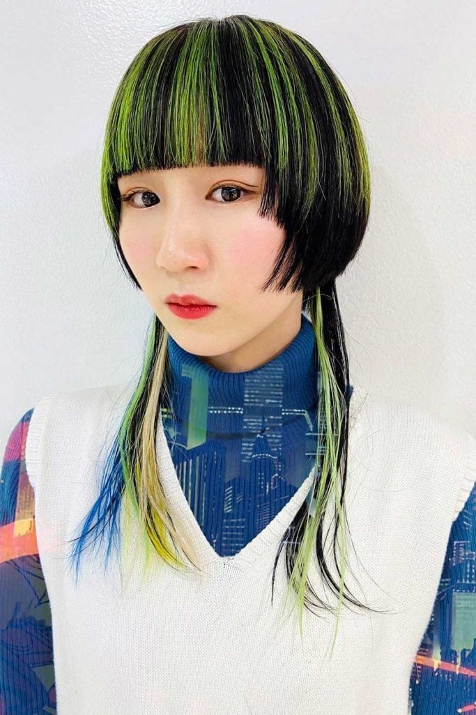 Black Bob With Rainbow Streaks And Blunt Bangs Black Bob With Rainbow Streaks And Blunt Bangs — Simple Jellyfish Haircut