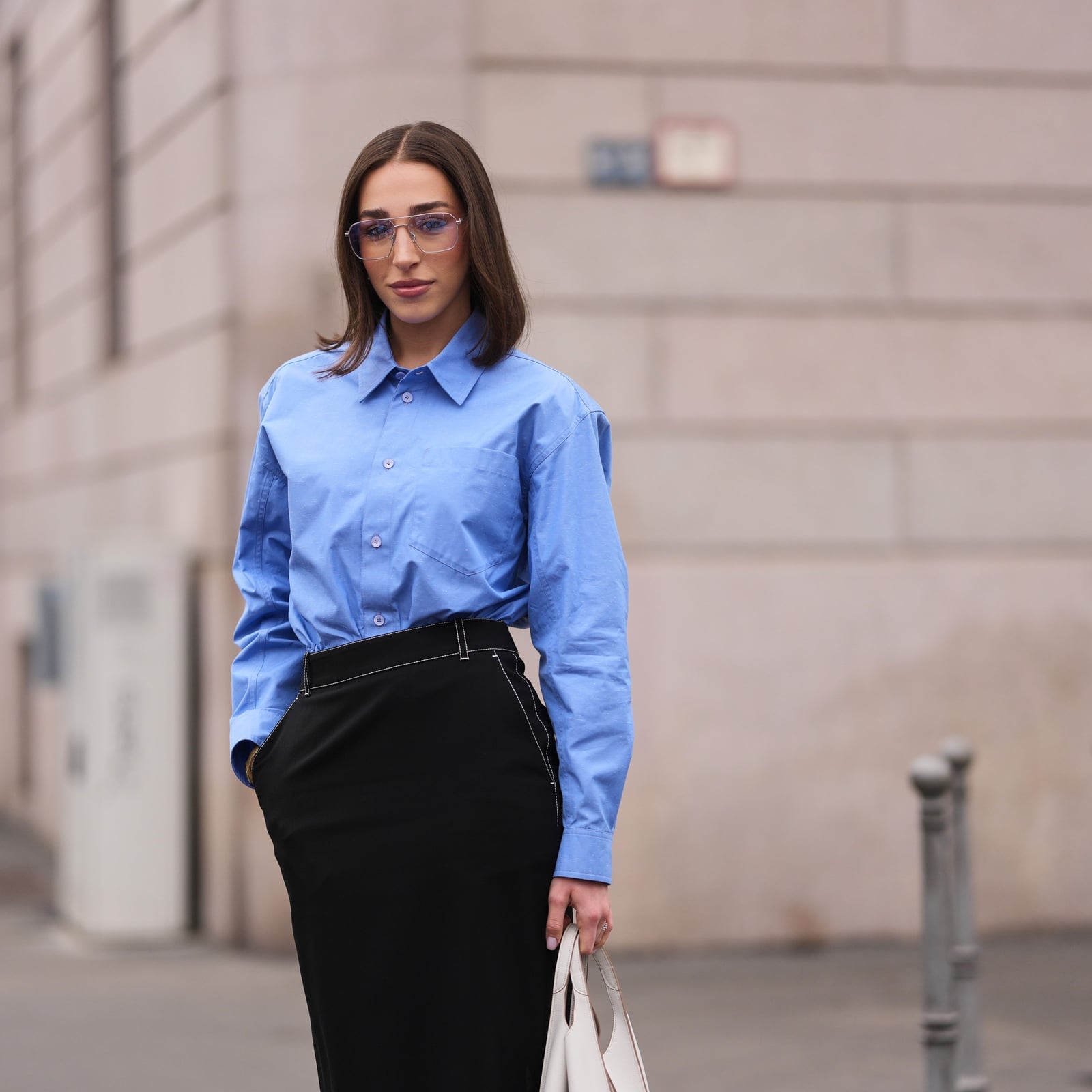 Blue Oversized Button-Down Shirt with Black Pencil Skirt Blue Oversized Button-Down Shirt with Black Pencil Skirt — Simple Job Interview Outfits