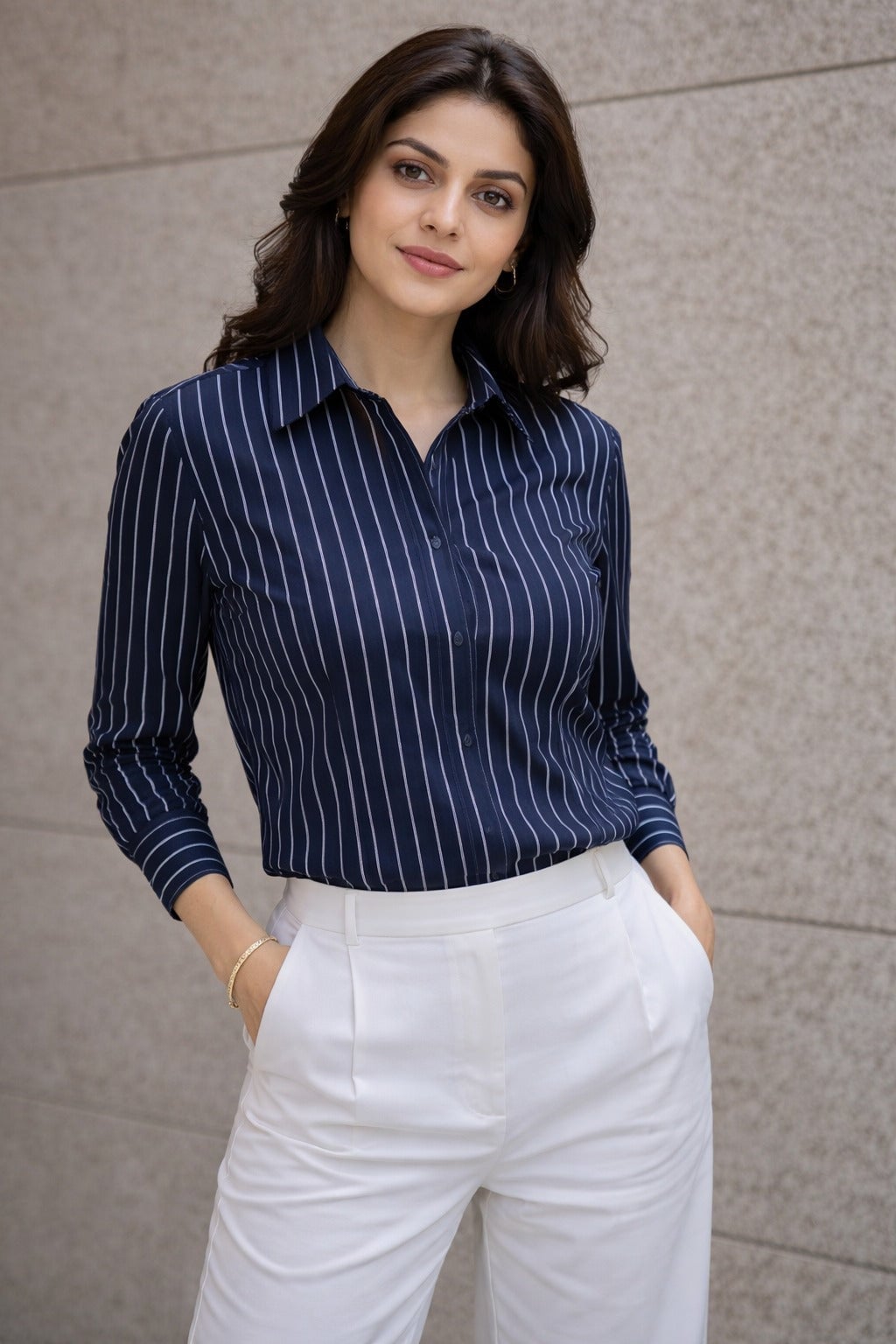 Navy Pinstripe Shirt with White Straight-Leg Trousers Navy Pinstripe Shirt with White Straight-Leg Trousers — Simple Job Interview Outfits