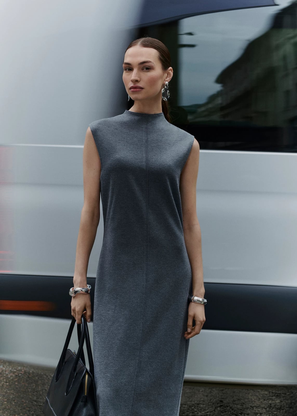 Sleeveless Grey Mock Neck Sheath Dress with Statement Jewelry Sleeveless Grey Mock Neck Sheath Dress with Statement Jewelry — Simple Job Interview Outfits