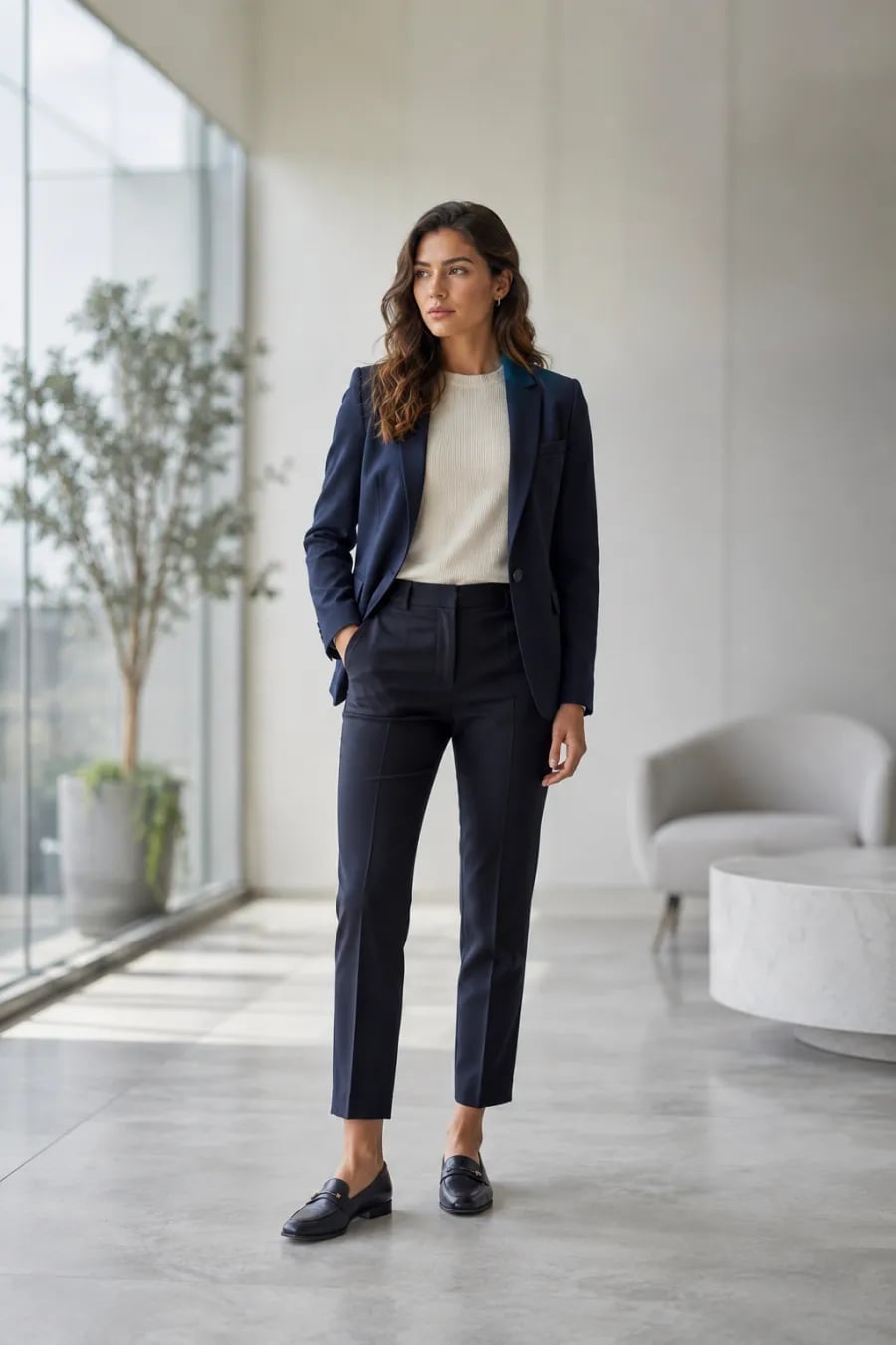 Navy Blazer with Teal Collar Detail Over Textured Sweater and Slim Navy Blazer with Teal Collar Detail Over Textured Sweater and Slim — Simple Job Interview Outfits