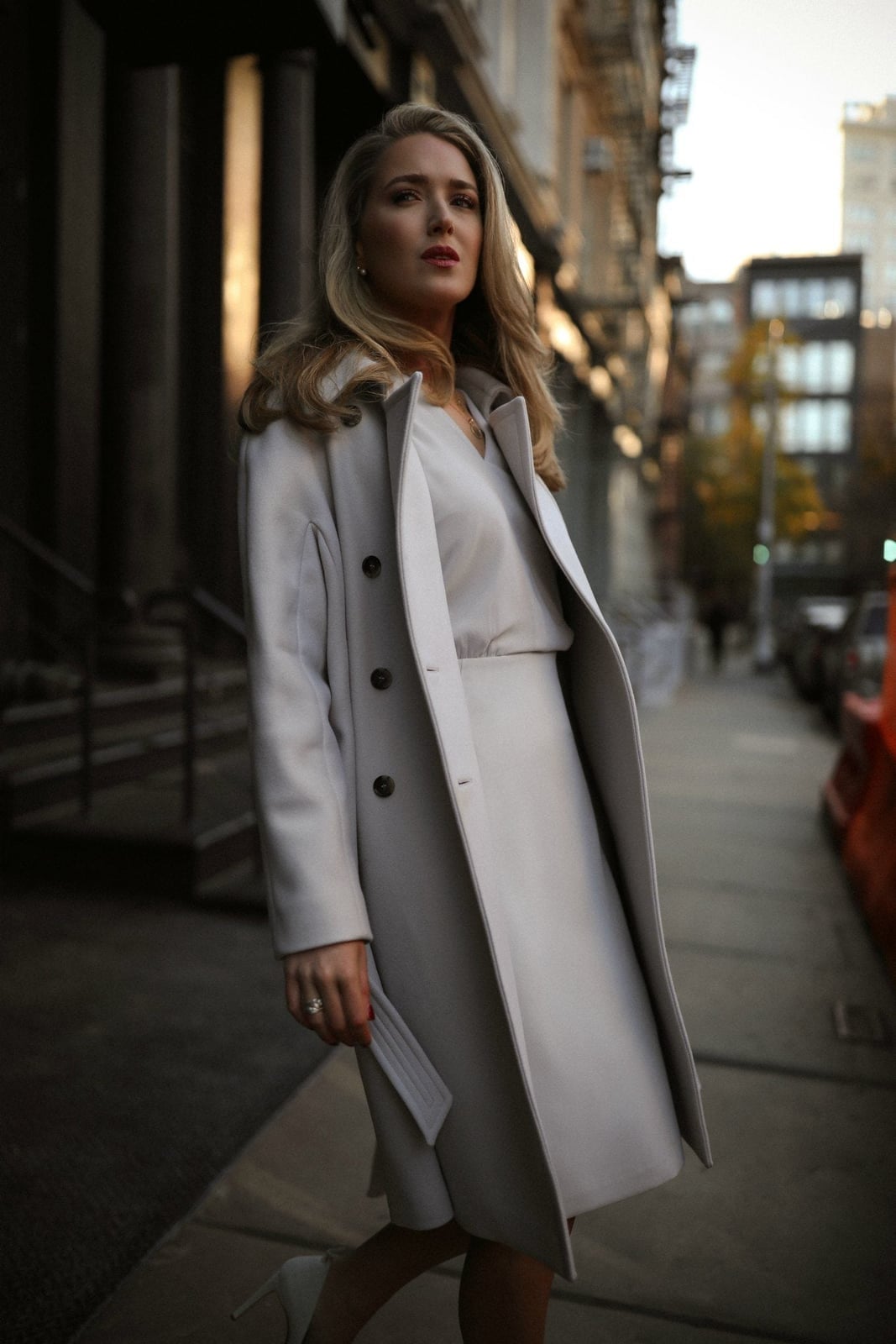 Light Grey Double-Breasted Coat Over A-Line Dress Light Grey Double-Breasted Coat Over A-Line Dress — Simple Job Interview Outfits