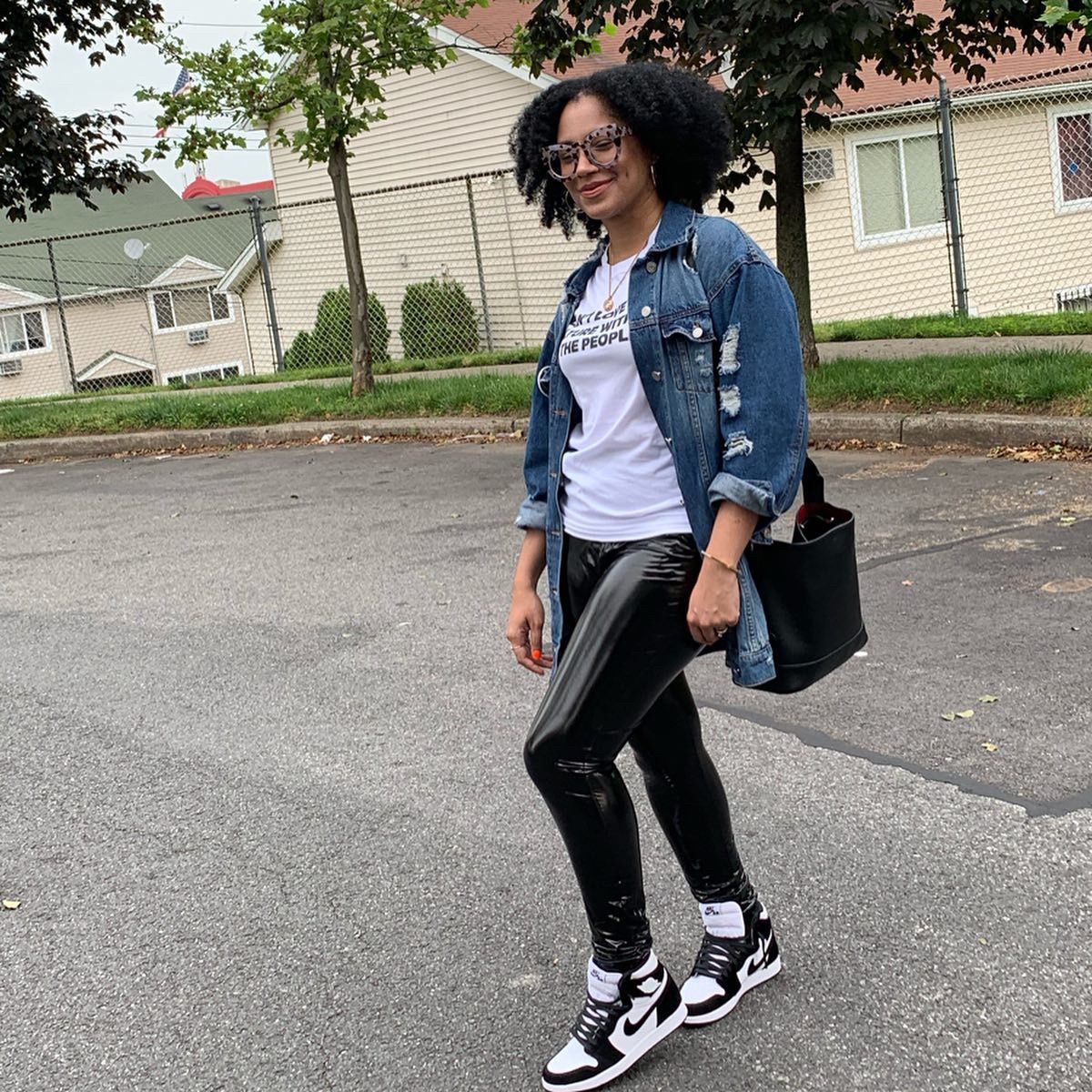Distressed Denim Jacket With Graphic T-shirt and Patent Leather Distressed Denim Jacket With Graphic T-shirt and Patent Leather — Simple Jordans Outfits